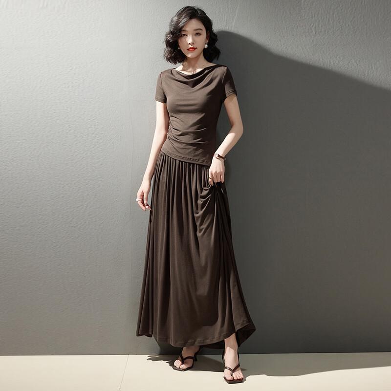 Women's Drape Collar Top and A-Line Midi Skirt Set