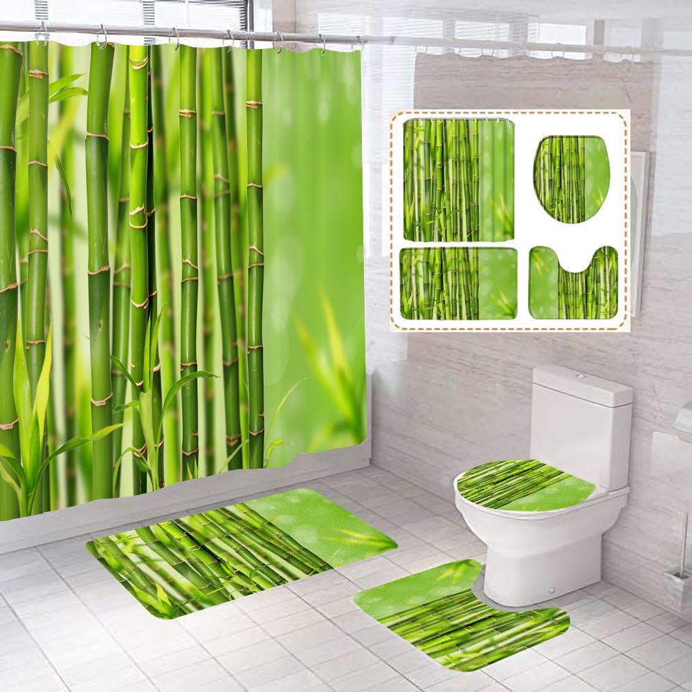 Grüne Pflanzen Bambus Blumen Zen Stein Badezimmervorhang Polyesterstoff Duschvorhänge und Teppiche Toilettendeckel Badematten Set Dekor