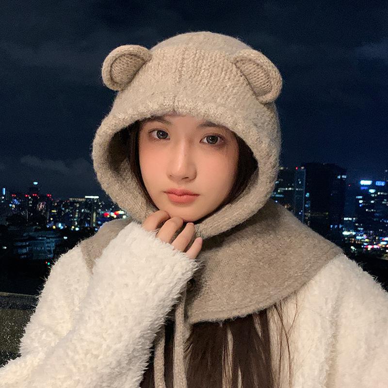 Sweet and Cute Bear Ear Wool Hat In Autumn and Winter Thickened Warm Scarf Integrated Hat Outdoor Cold Ear Protection Hat