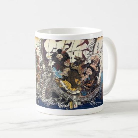 Utagawa Keisai and Utagawa Ship Carrying the Seven Lucky Photo Mug Kuniyoshi, Eisen, Kunisada's "Treasure Gods" Mug (Ukiyo-e Series)
