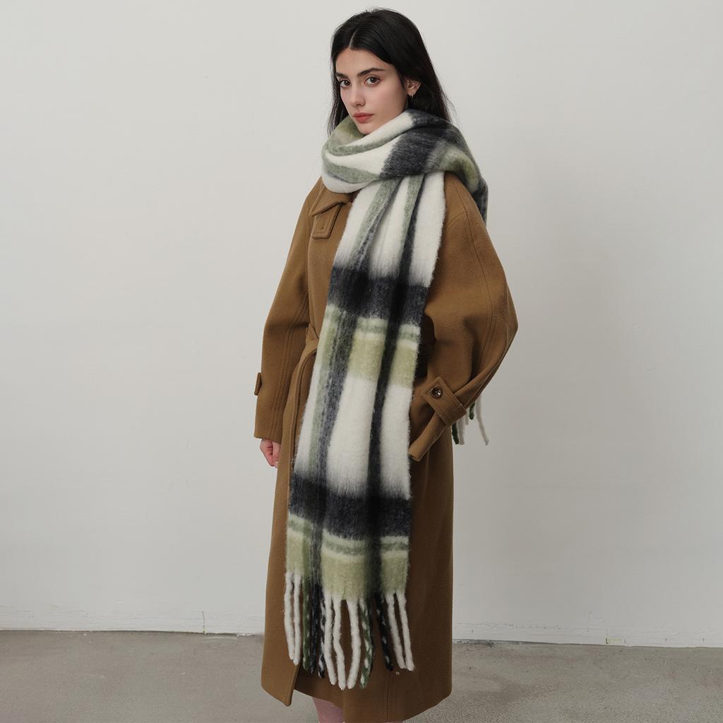 Tonglu homemade mohair imitation cashmere plaid scarf women's autumn and winter new warm thickened scarf shawl