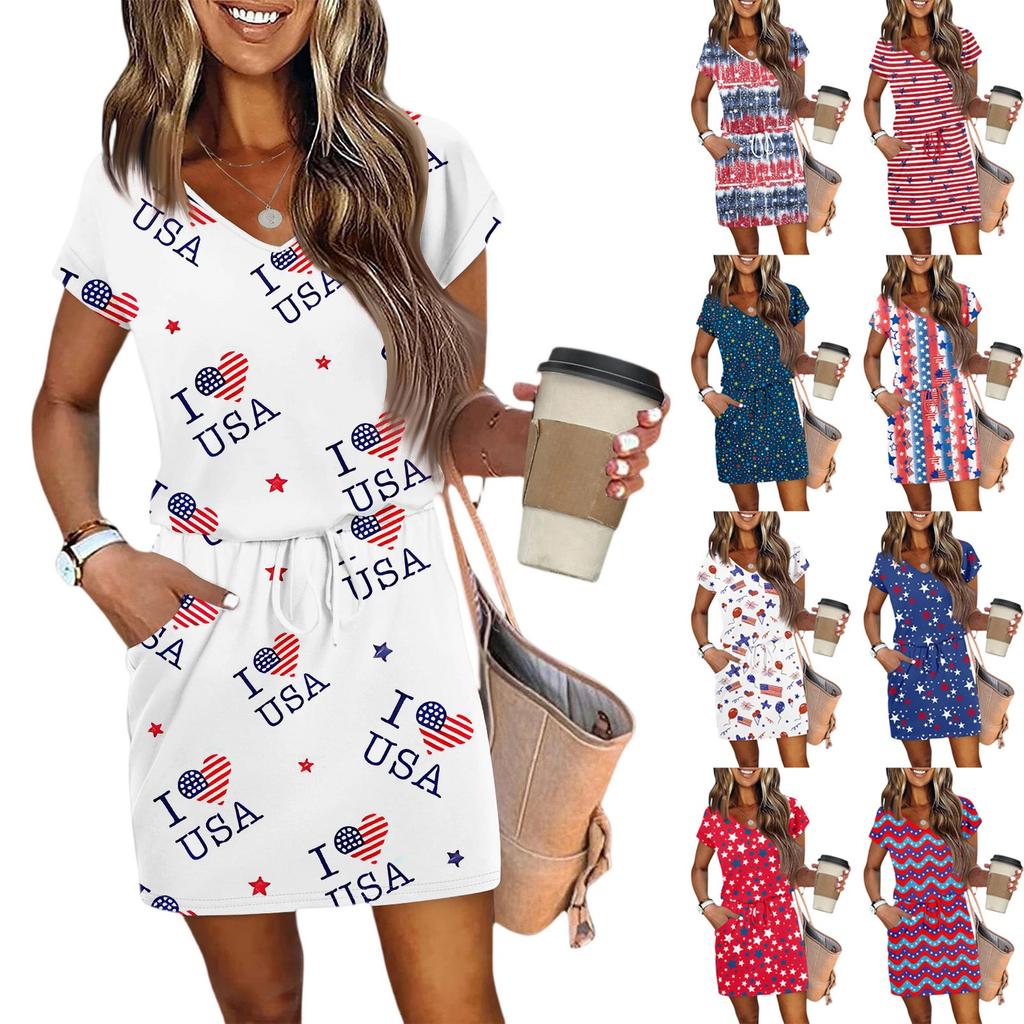 Damen Casual Sommerkleider Patchwork V-Ausschnitt T-Shirt Casual Kurzarm Kordelzug Kleider