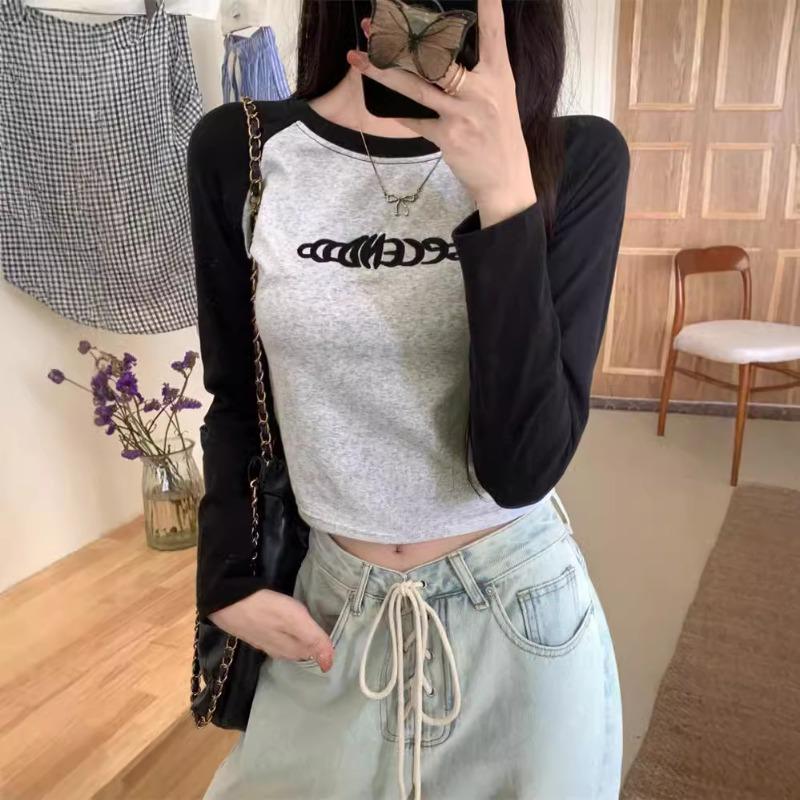 Real shot splicing contrasting color shoulder plugs long-sleeved T-shirt women's season slim and thin short embroidered top