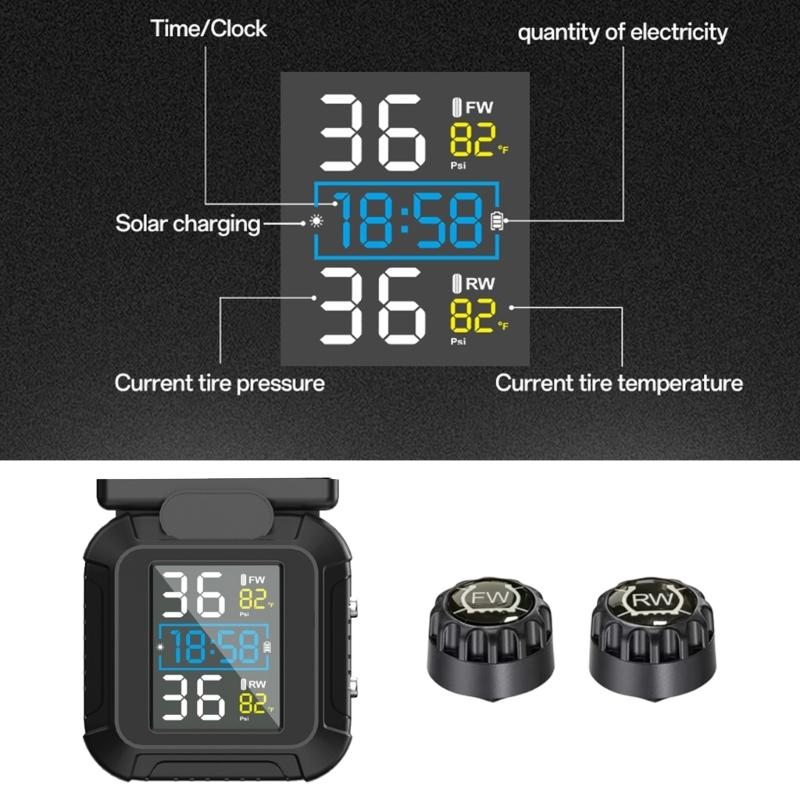 Confezione da 2 Monitor di Pressione Pneumatici per Moto per Monitoraggio Pressione Temperatura in Tempo Reale Migliorando la Sicurezza di Guida Preve