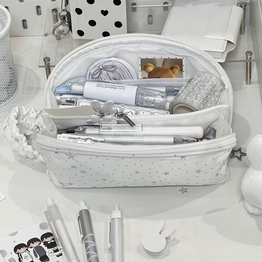 Cute White Pencil Case Shell-shape With Handle Pen Bag Star Print Large Capacity Stationery Organizer Students