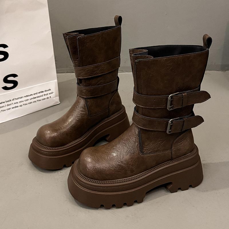 

Женские ботинки Мартина на толстой подошве с увеличением роста, новые осенние 2025 года, высококлассные универсальные короткие ботинки, маленькие, с темпераментом, ретро, ботинки рыцаря 40 темно-коричневого