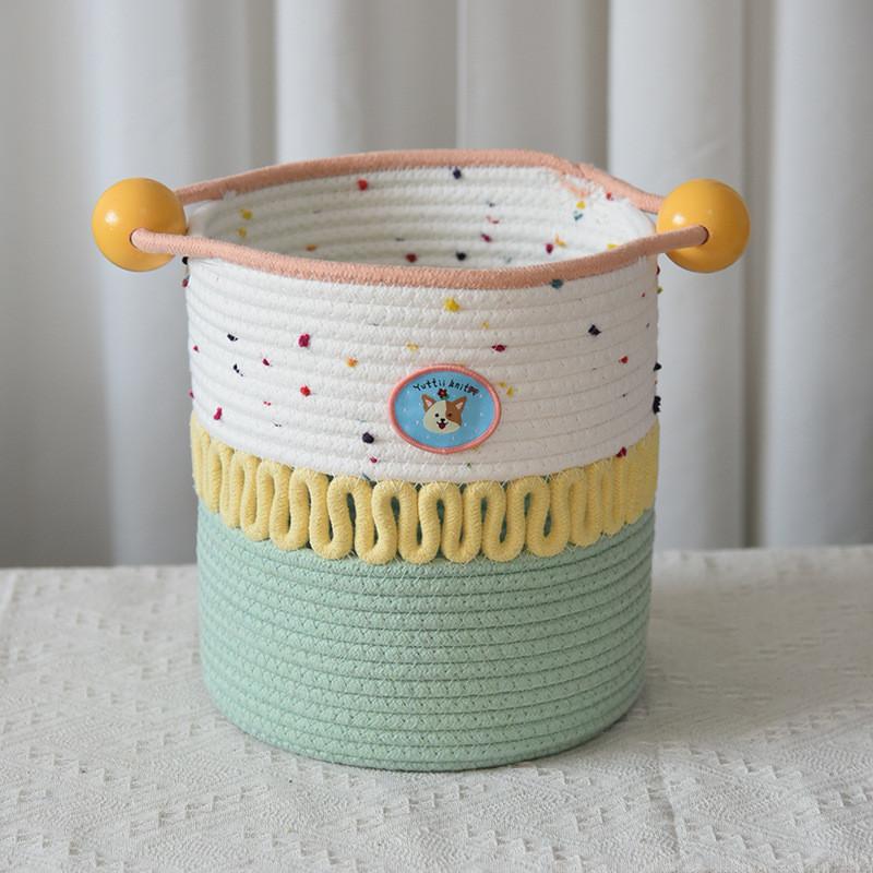 Cotton Woven Storage Basket With Colorful Dot Pattern For Dorm Room And Home Decor