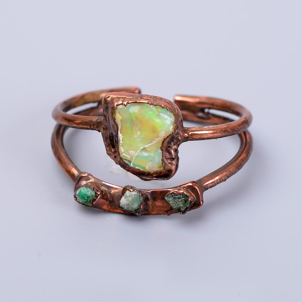 Ausgefallener Äthiopischer Opal Edelstein Kupfer Ewigkeit Elektrogeformter Freundschaftstagsring V-67