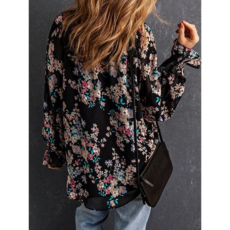 Spring & Fall New Arrival Floral V Neck Long Sleeves Chiffon Shirt European and American All-Matching Single-Breasted Thin Pullover Shirt for Women