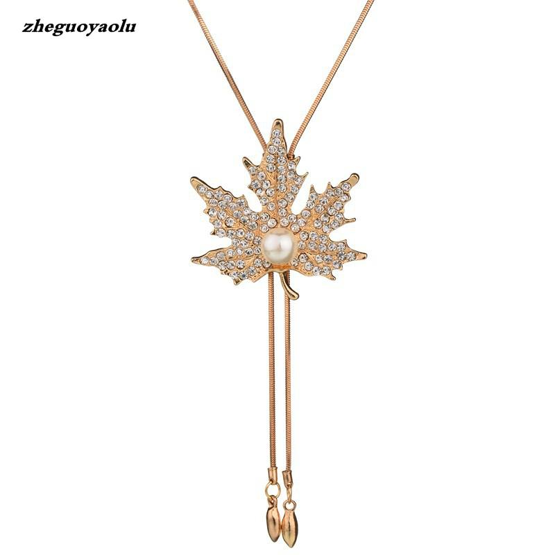 New Personality Autumn And Winter Wild Sweater Chain Long Maple Leaf Lady Imitation Pearl Pendant Necklace Zircon Chocker