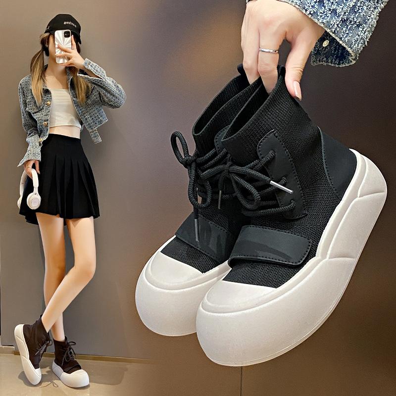 Fashion Women Ankle Sock Boots Flats Platform Shoes Dress Fashion New 2024 Winter Casual Women Boots Walking Travel Lace-Up Female Botas
