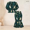 Women Plus Size Black Printed Round Neck Batwing Sleeve Ruffle Top Fishtail Skirt Two Piece Set
