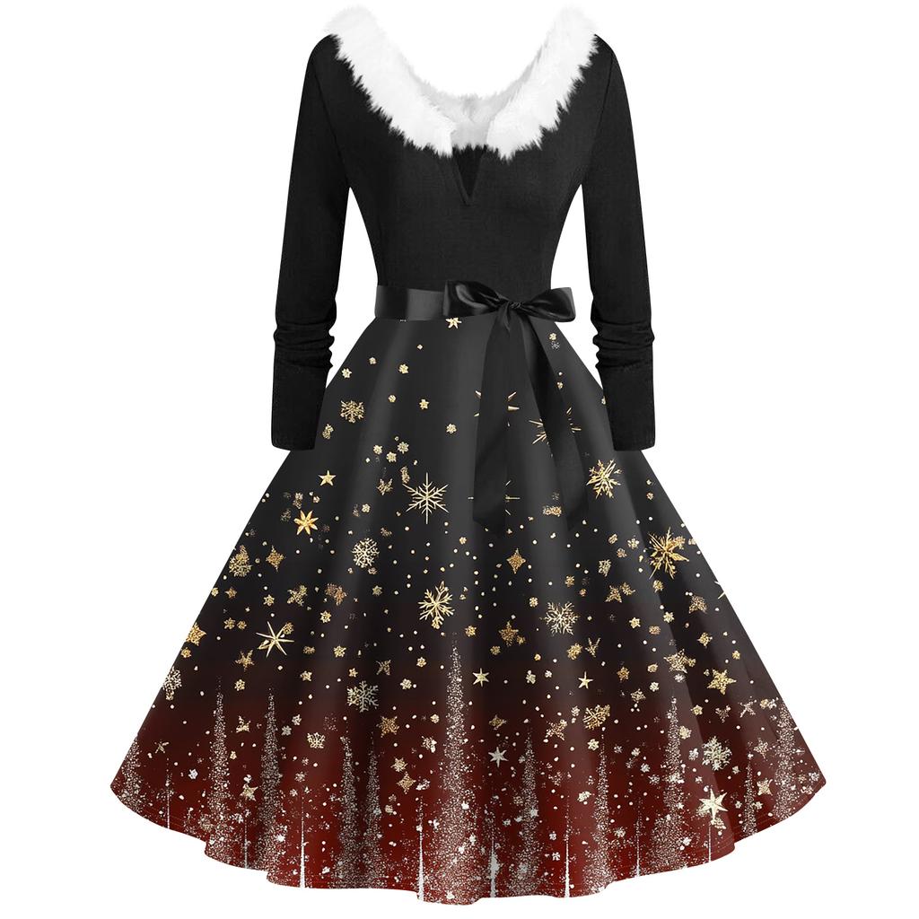 Women's Fashion V-Neck Casual Slim Christmas Printed Long Sleeve Hair Collar Dresses