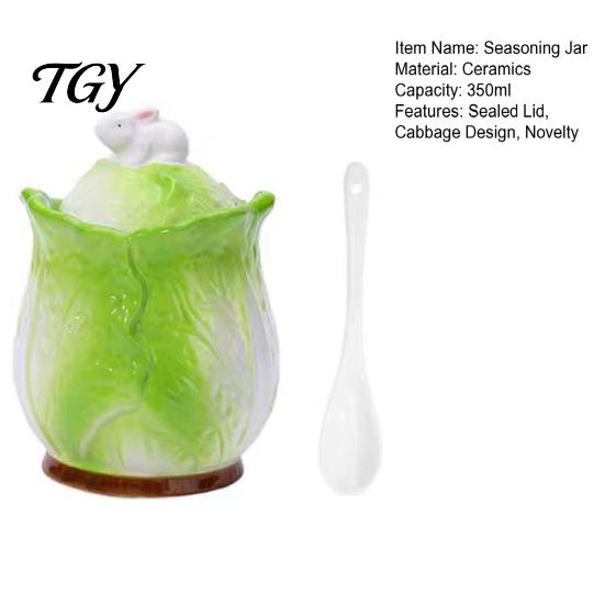 Novelty Vegetable Design Jar Ceramic Cabbage Shaped Lard with Lid Spoon, 350ml Kitchen Sealed Condiment Server for Restaurant Seasoning Container,