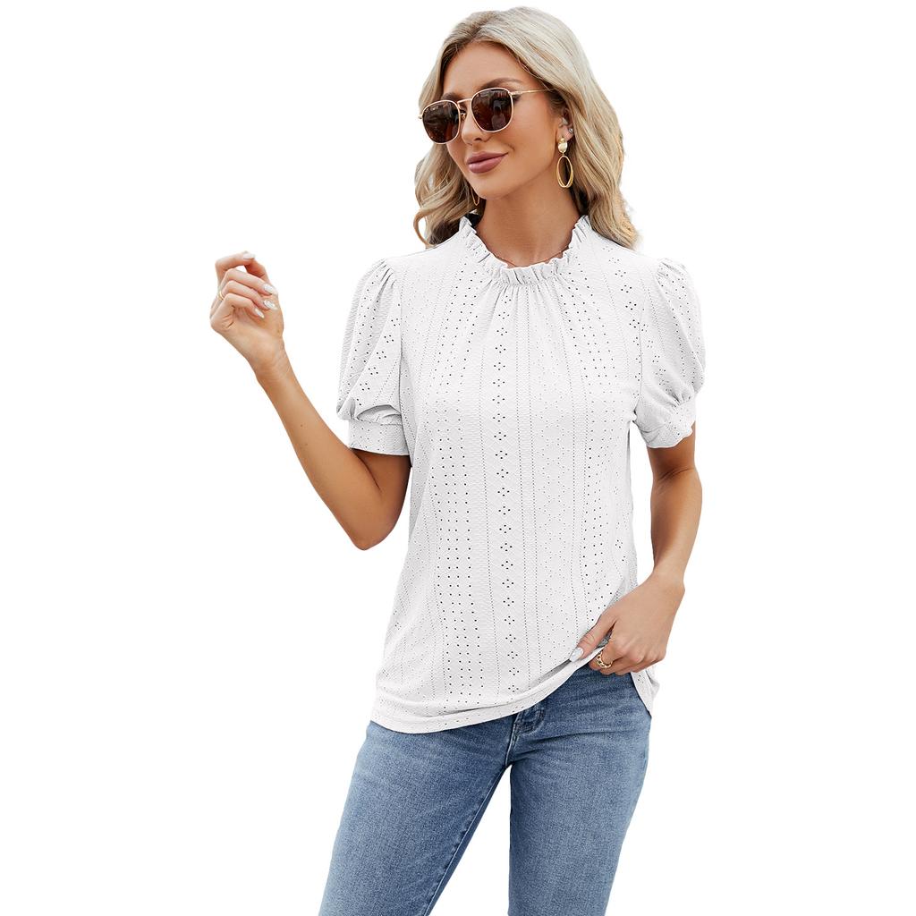 Summer Women's T-shirt Lace Neck Bubble Sleeve Loose Pleated T-shirt