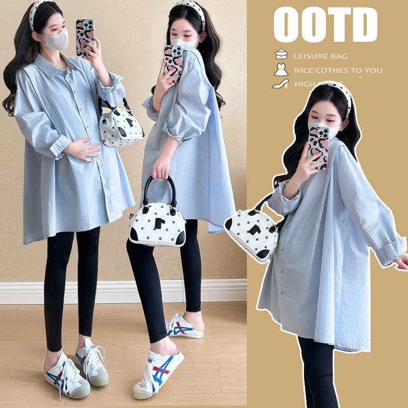 

2026 Korean Style Cotton Maternity Shirt - Spring/Autumn Plus Size Trendy Casual Mid-Length Top for Moms L синій