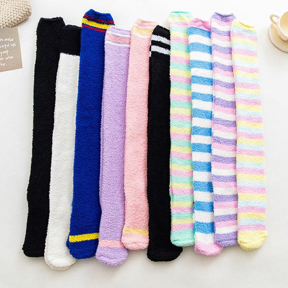 Warm Striped Stockings Long Tube Cozy Lined Terry Socks Soft Women's Knee Length Socks Winter