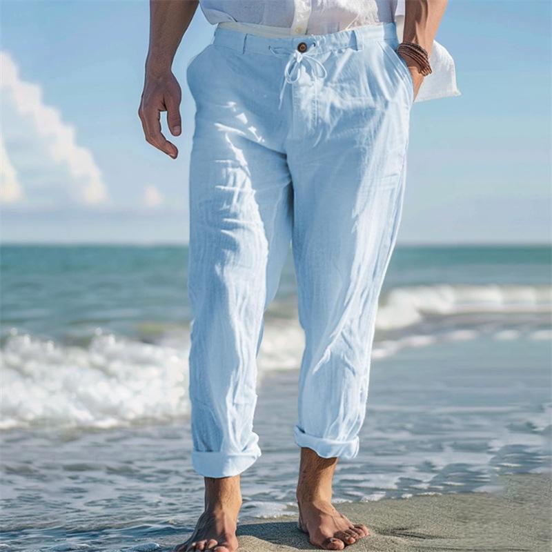 Men's Plain Linen Summer Drawstring Outdoor Casual Beach Trousers
