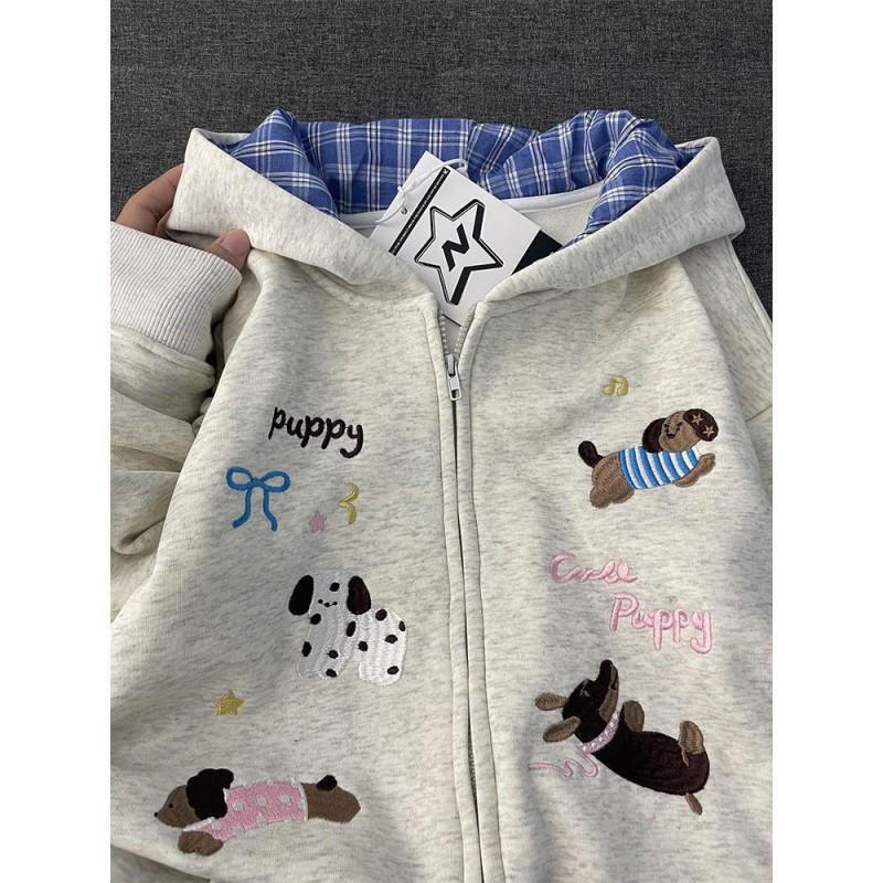 Womens Oversized Cartoon Dog Print Polo Collar Hooded Sweatshirt Loose College Style 2025