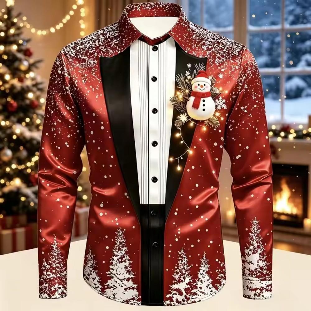 2026 Men's Fashion Christmas Satin Long Sleeve Shirt Christmas Special Edition 3D Printed Snowflake Christmas Tree Cane Candy
