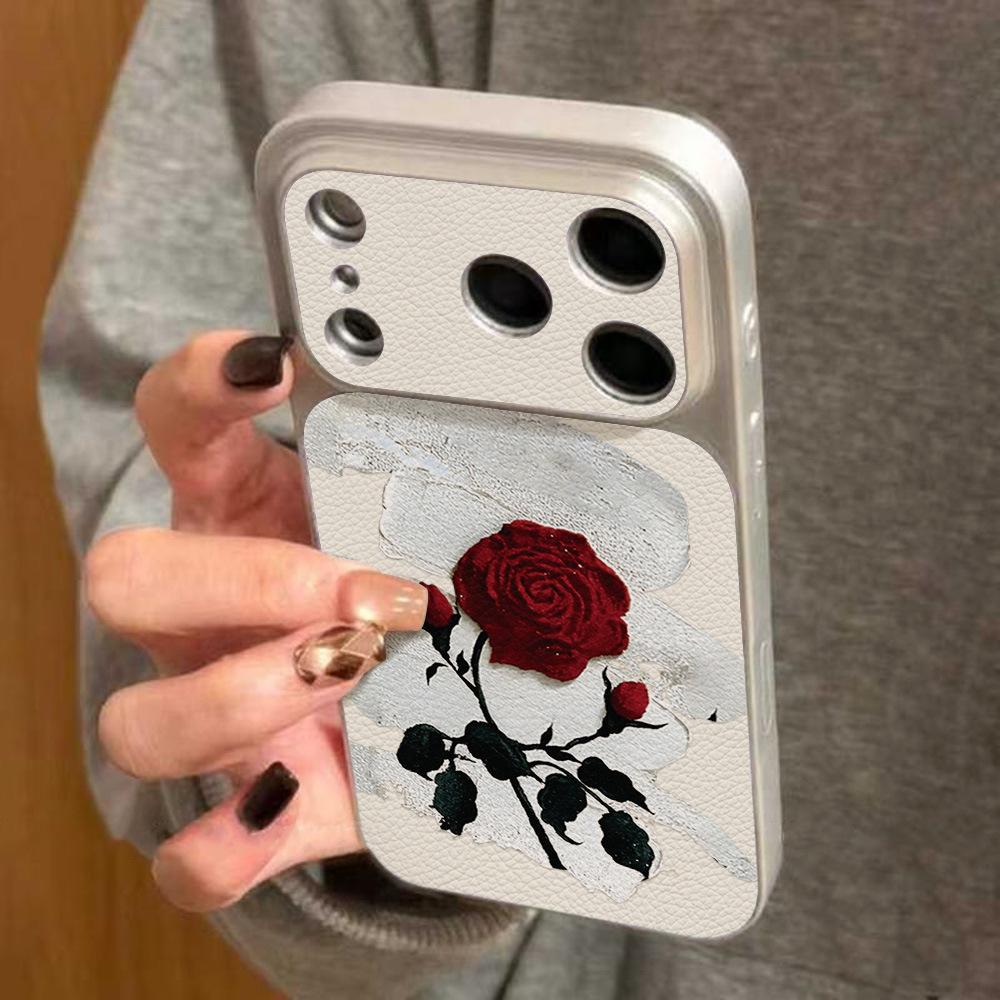 Art Rose is suitable for Apple 17 mobile phone case iPhone15promax all-inclusive 16Pro leather pattern anti-drop and simple.