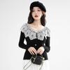 Women's Autumn Winter Knit Sweater Long-sleeved Lace Patchwork Temperament Elegant Comfortable Pullover Top