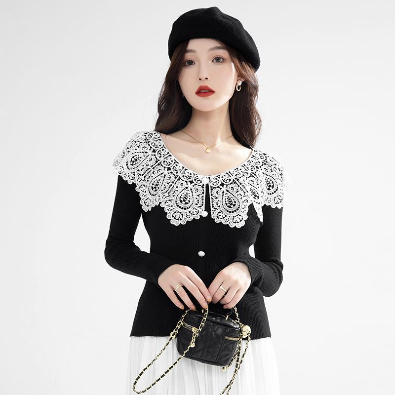Women's Autumn Winter Knit Sweater Long-sleeved Lace Patchwork Temperament Elegant Comfortable Pullover Top