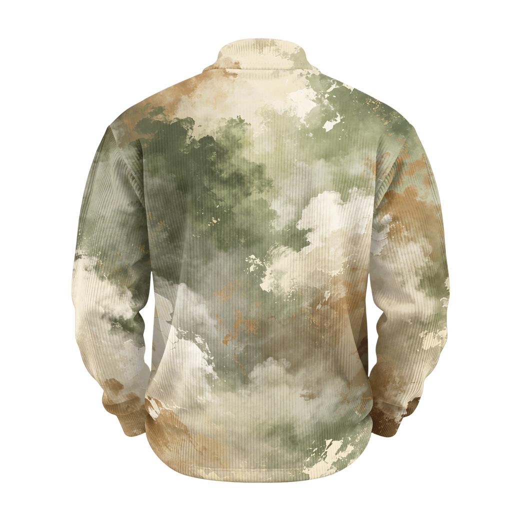 Men's Retro Corduroy Long Sleeve Shirt with Stand Collar and Pocket, Printed Casual Top