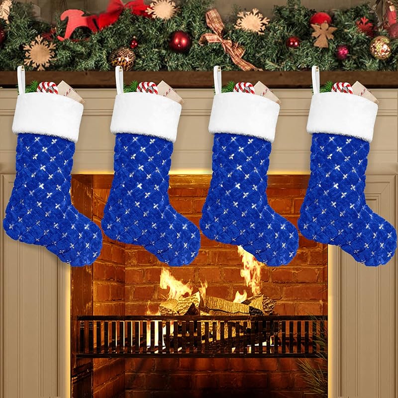 2PCS Plush Christmas Stockings White Faux Fur Large 56cm Deluxe Hanging Xmas Stockings with Silver Sequin Snowflake for Christmas Fireplace