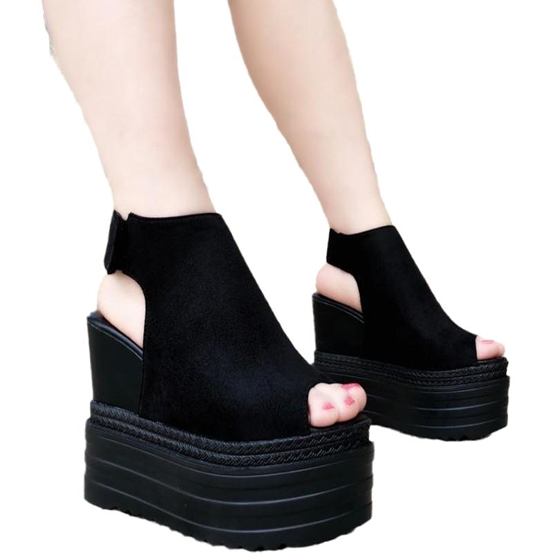 Fashion 2025 summer new Korean fish mouth women's shoes in the wedge with increased female sandals muffins bottom thick Roman shoes 13cm