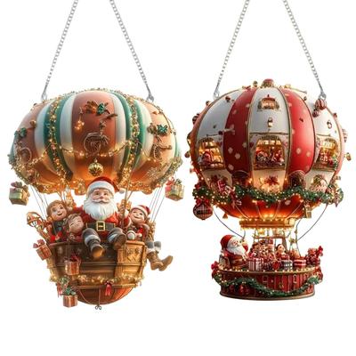 2D Flat Acrylic Ornament Santa Hot Air Balloon Wall Ornament Fantasy Indoor Decoration Sunlight Catching Art Pendant Xmas Gift