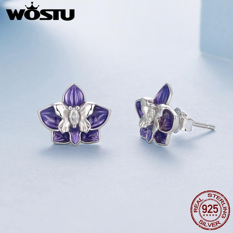 WOSTU 925 Sterling Silver Purple Orchid Flower Ear Studs Butterfly Stud Earrings For Women Original fine jewelry gift For mom