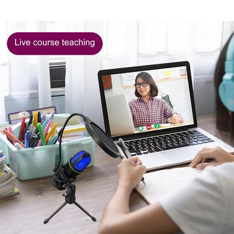 1 Set Condenser Microphone USB Gaming Mic Build-in LED Lighting for PC Laptop Gaming Singing and Recording