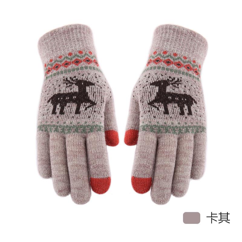 New Jacquard Double-layer Deer Touch Screen Gloves Autumn and Winter Women's Fleece Thickened Warm Wool Gloves