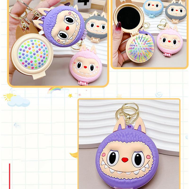 Kawaii Labubu Příšerky Klíčenky Zrcátko Hřeben Přívěsky Tři-v-jednom Multifunkční Kroužky na klíče Dívky Venkovní Přenosné Klíčenky
