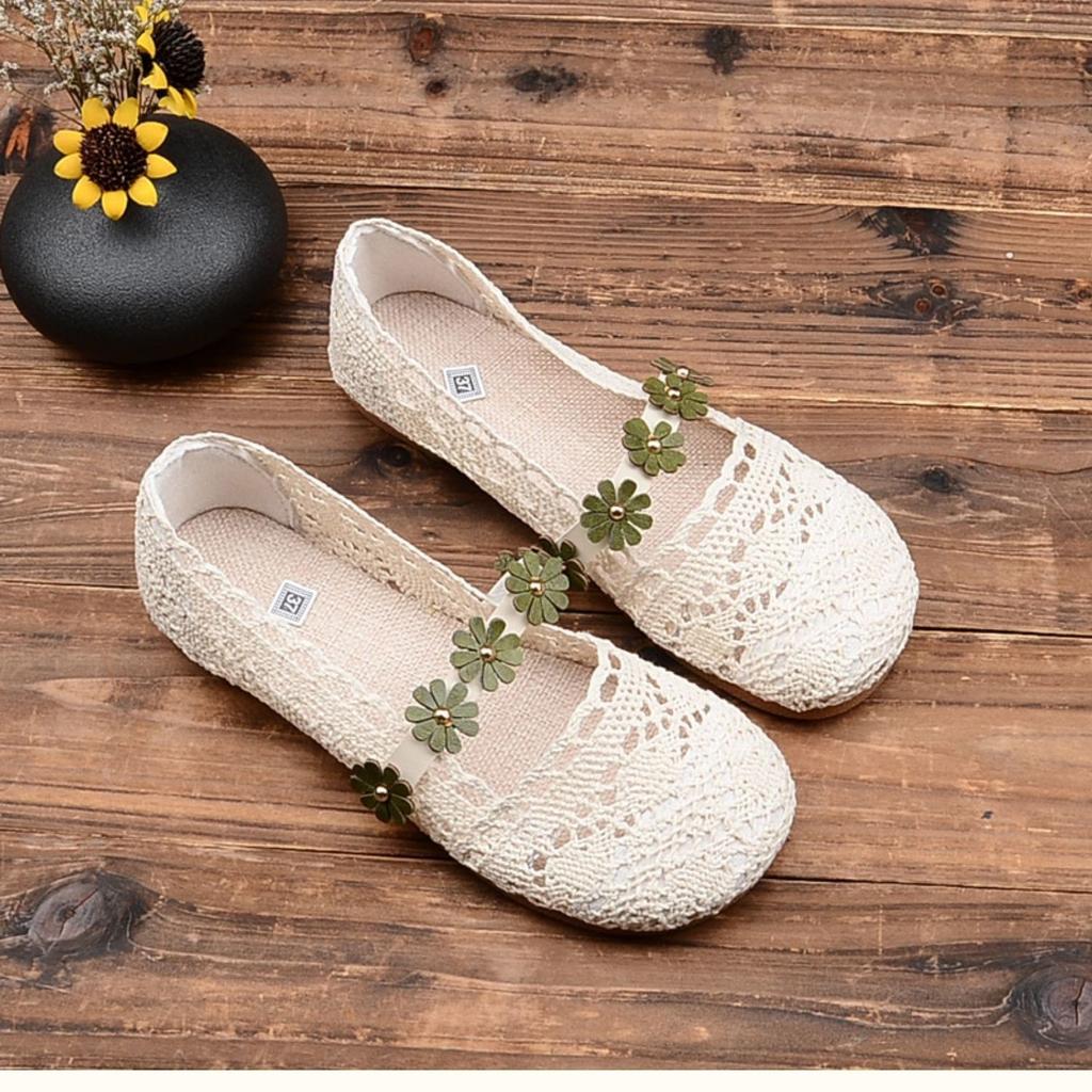 Fashion Elegant Woman Shoe Summer Air Mesh Flats Women's Breathable Mary Jane Shoes Ladies Ankle Strappy Ballet Shoes Cutout Lace Loafer