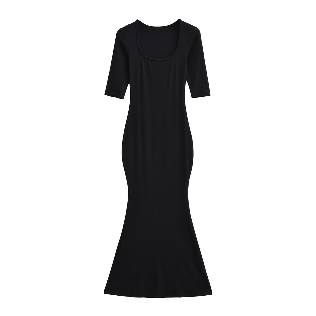 Spicy Girl Slim-Fit Trapezoid Neck Mid-Sleeve Fishtail Dress - Waist-Cinching, Figure-Flattering Skirt