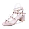 Women Rivet Chunk Heels Sandals Ankle Buckle Strap Open Toe British Ladies Sandals Mid Heels Party Elegant Roman Shoes