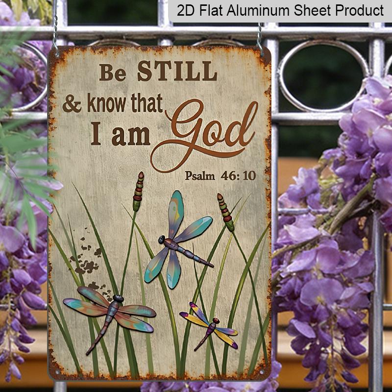 2D Flat, Vintage Psalm 46:10 Bible Verse Metal Tin Sign - "Be Still and Know That I Am God" Christian Wall Decor 8x12 Inch Classic Religious Verse