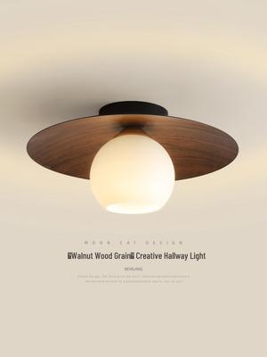 Chinese Retro Round Walnut Ceiling Light for Hallway, Entrance, or Balcony