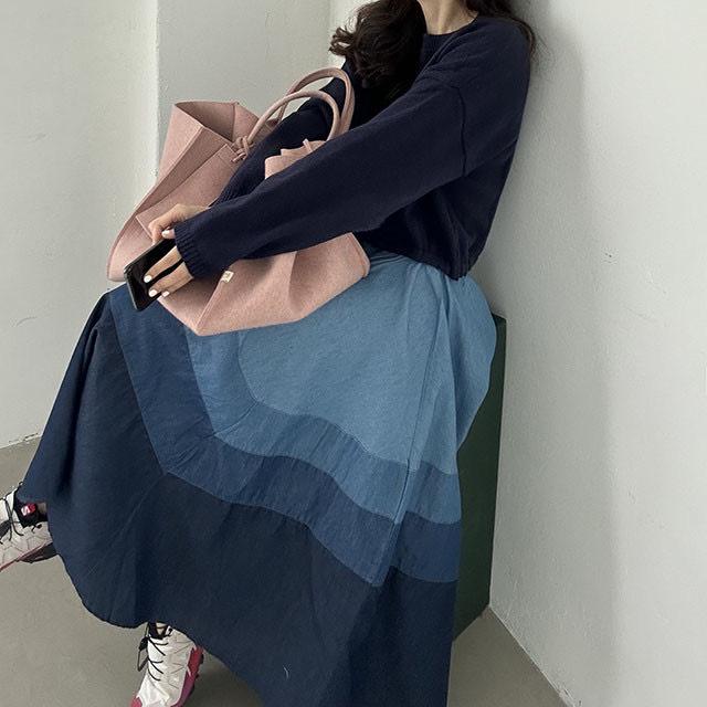 

Korean Chic High-Waisted Color Block A-Line Denim Midi Skirt for Women One Size темно-синий