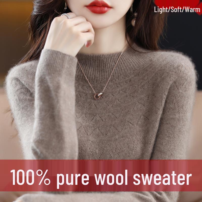 Women's Slimming 100% Wool Half-High Neck Sweater, Seamless Cashmere Knit Base Layer, Autumn Winter Loose Top with Hollow-Out Design