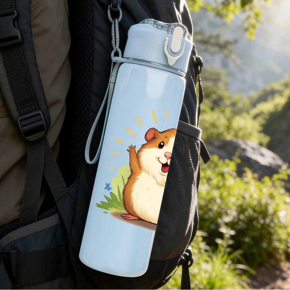 1PC Smiling Hamster Cartoon 750ml Color Plastic Sports Water Bottle Leakproof Flip Straw Lid Suitable for Sports Office Home Use