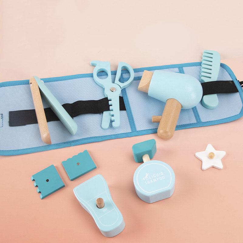 Kids Pretend Play Toy Wooden Simulation Hair Cutting Bag Role Playing Educational Toys 3-6 Year Old Children's Waist Bag Set