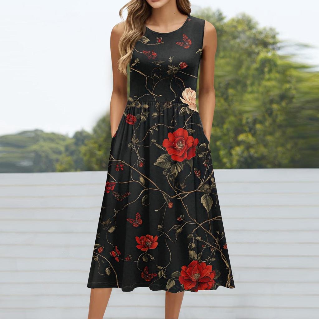 Robe mi-longue décontractée à imprimé à la mode pour femmes, col rond, sans manches, avec poche