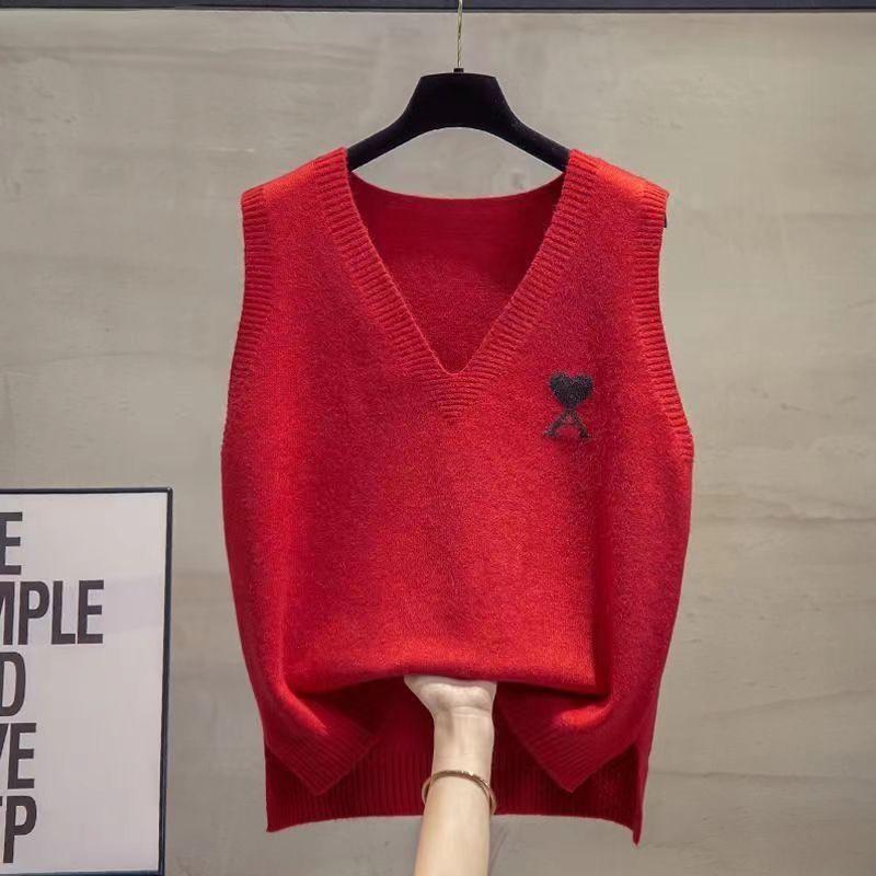 

V-образный вырез однотонный трикотажный жилет женский свободный трикотажный пуловер теплая трикотажная нижняя рубашка свободный повседневный топ для поездок на работу осень L красный