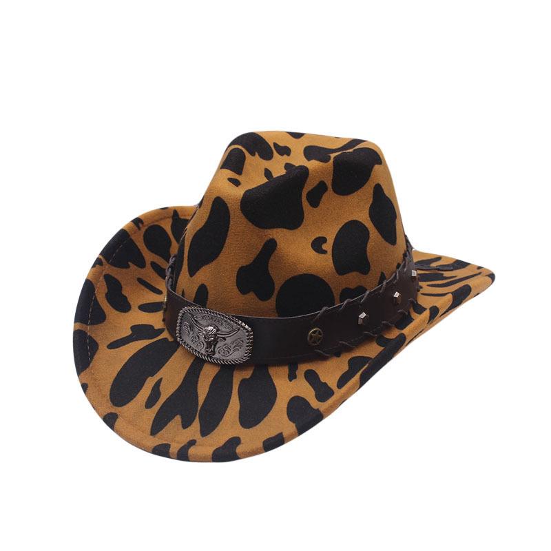 European and American New Cow Pattern Felt Hat Western Cowboy Top Hat Outdoor Travel Hat Metal Cow Standard Crimped Top Hat