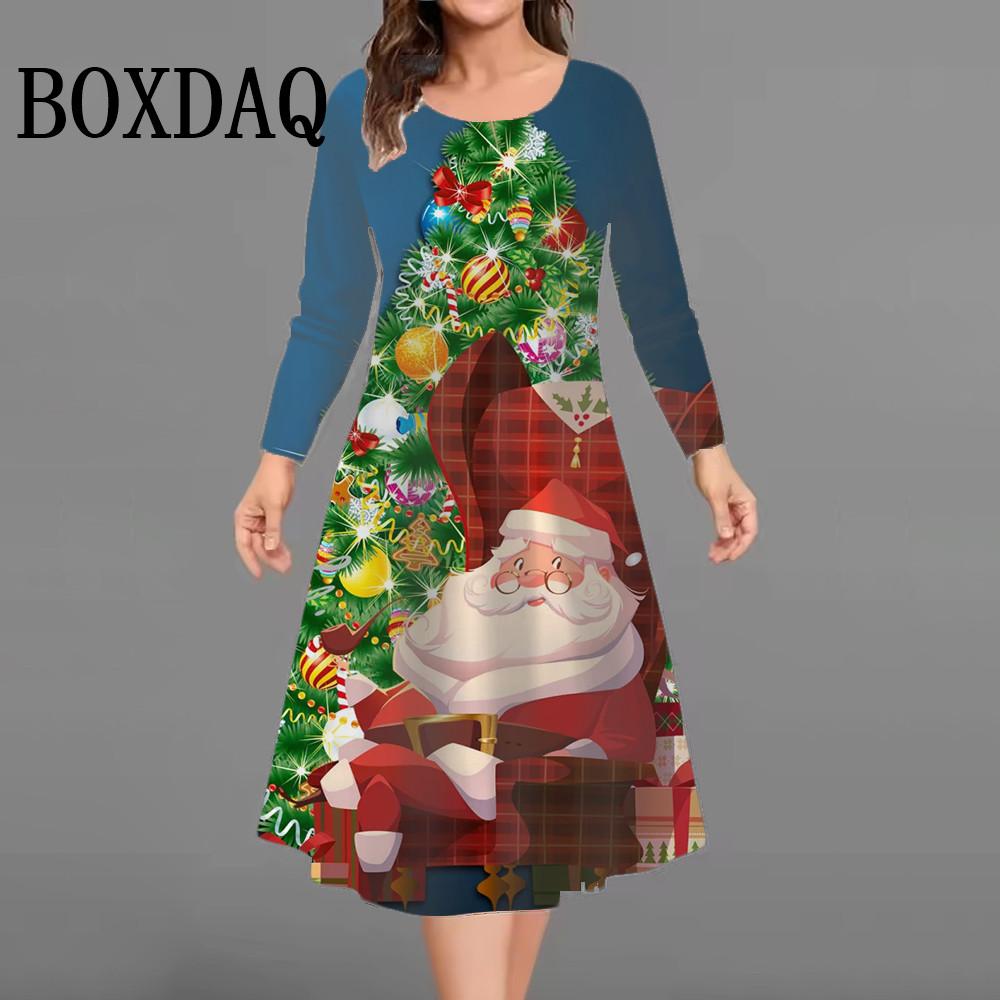Christmas Tree Snowmen Party Dresses For Women Plus Size Winter Long Sleeve Dress Trendy Cute Casual Loose A-Line Dress