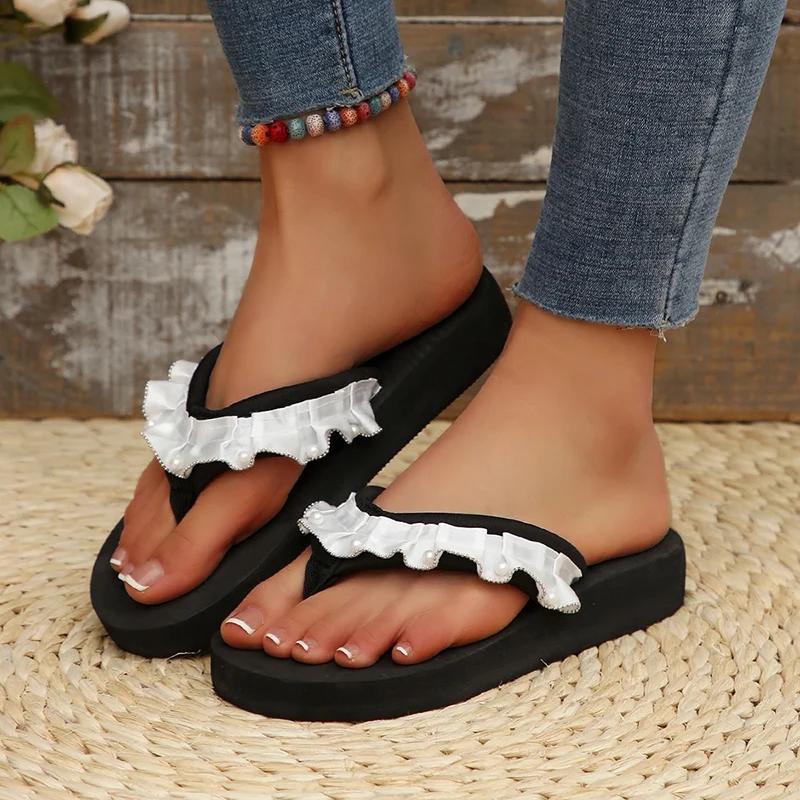 

Fashion 2025 Fashion Pleated Flip Flops for Women Black Clip-Toe Flat Ladies Slippers Summer Comfortable Outdoor Slides Mujer 42 белый