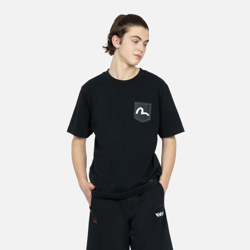 Evisu Plain Front Denim Pocket Seagull Embroidery Short Sleeve T-Shirt Men Tops Black 2ESHTM3TS572XXCT